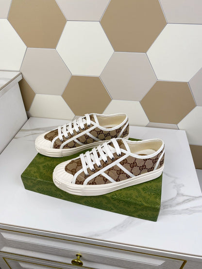GG JULIO SNEAKER WITH WEB BROWN PATTERNED CANVAS