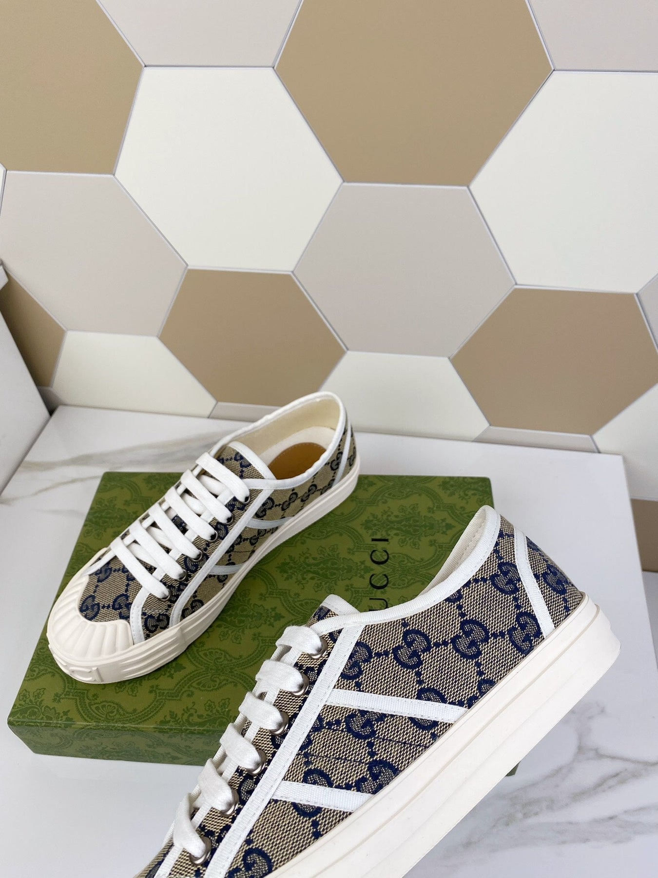 GG JULIO SNEAKER WITH WEB NAVY PATTERNED CANVAS