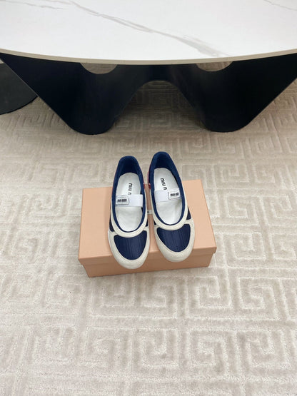 BALLET FLAT SHOES IN NAVY MESH AND WHITE SUEDE