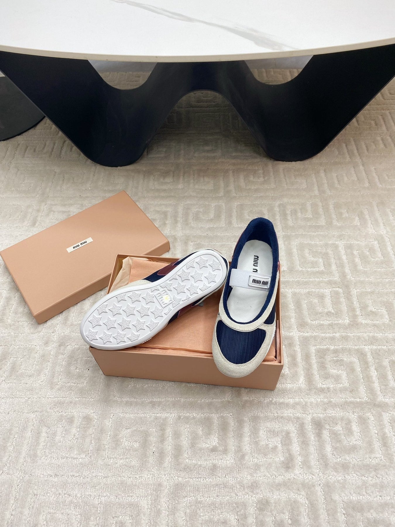 BALLET FLAT SHOES IN NAVY MESH AND WHITE SUEDE