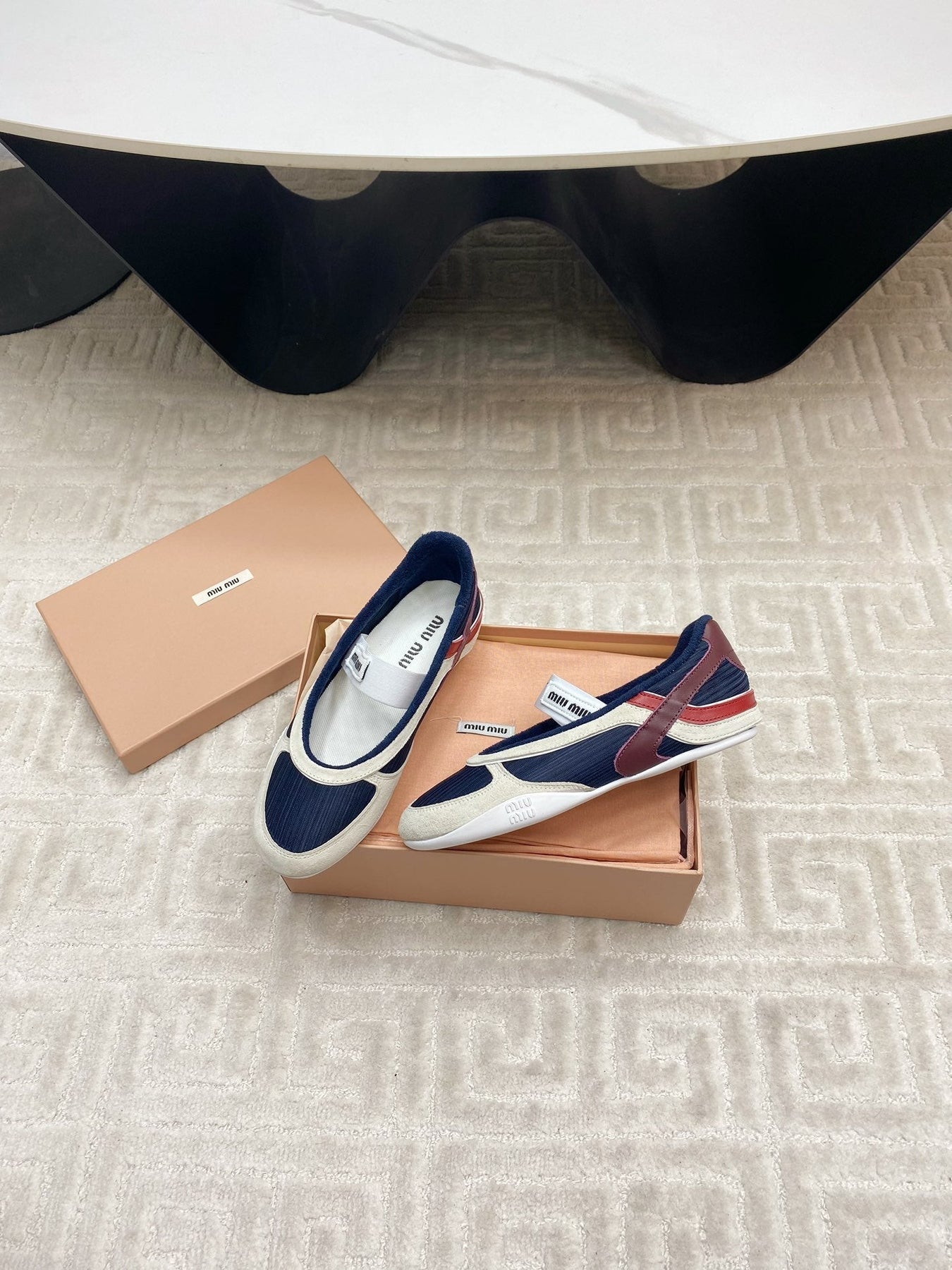 BALLET FLAT SHOES IN NAVY MESH AND WHITE SUEDE