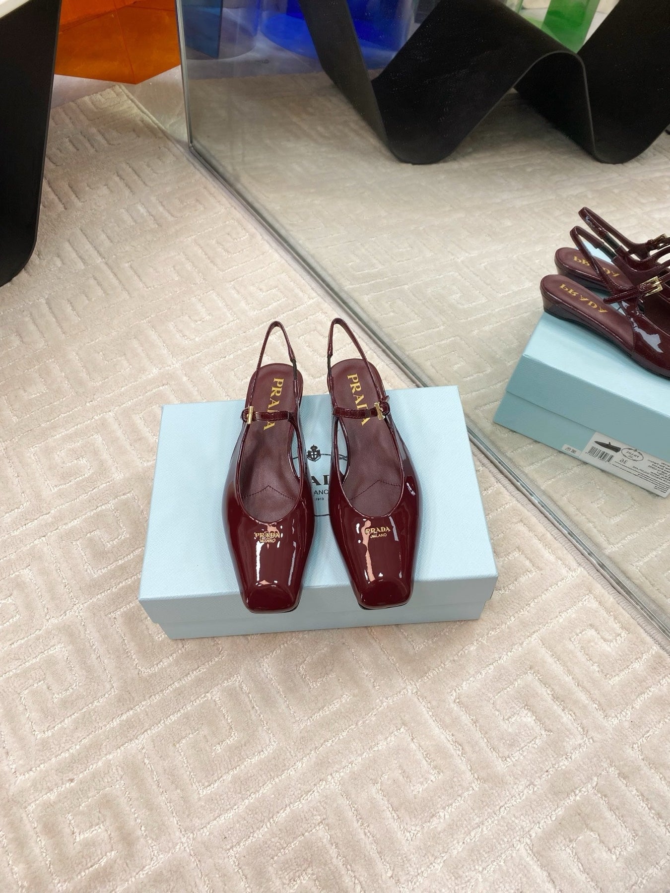 MARY JANE SLINGBACK SQUARE TOE IN BURGUNDY RED PATENT SHEEPSKIN