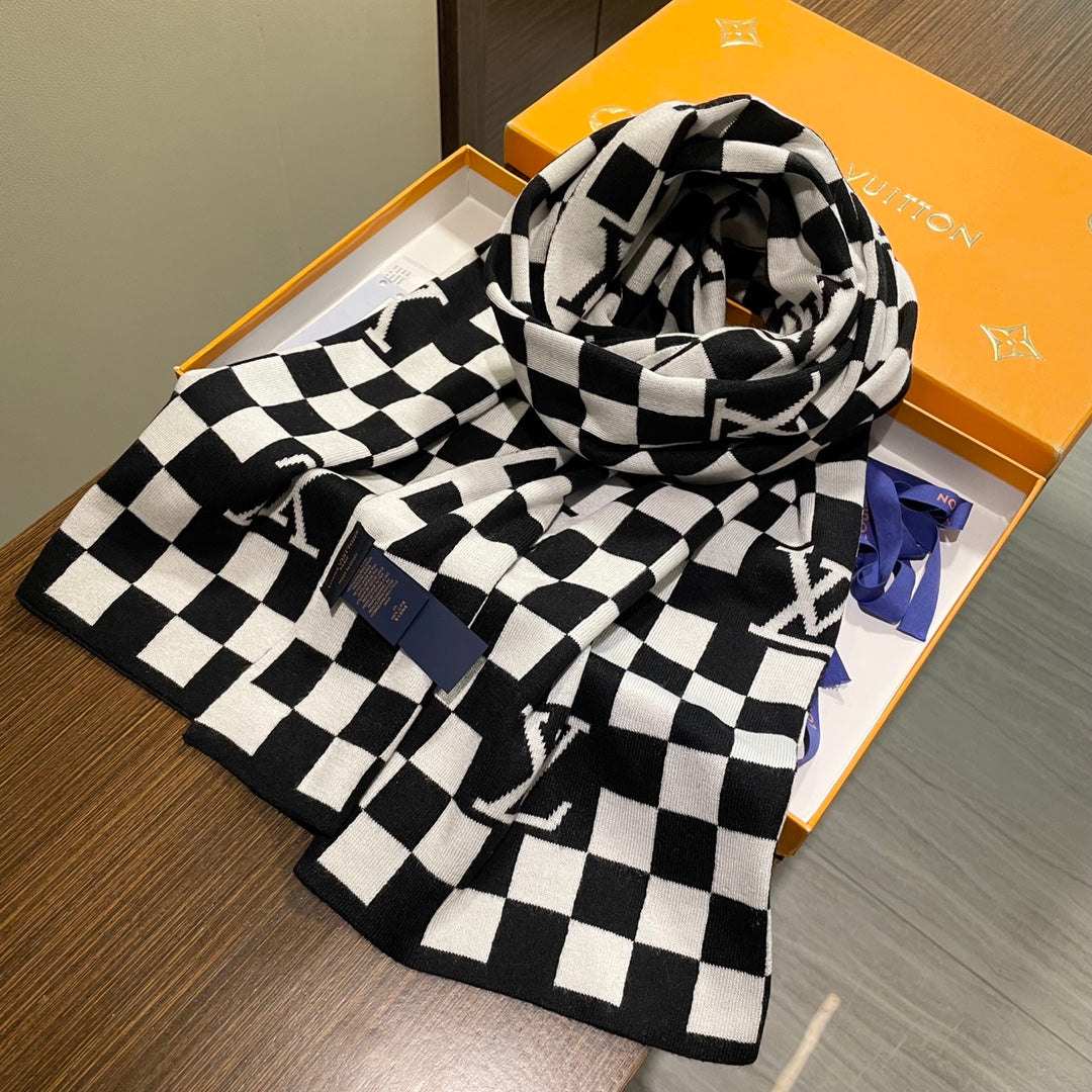 DAMIER SCARF 200 CM IN BLACK MIX WHITE CASHMERE 388193