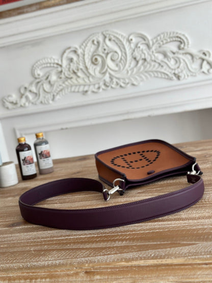 MINI NEO 17 EVELYNE BAG IN BRONZE BROWN CANVAS AND PLUM PURPLE CALFSKIN