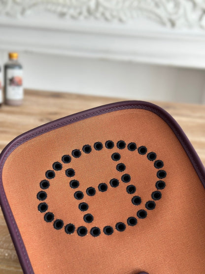 MINI NEO 17 EVELYNE BAG IN BRONZE BROWN CANVAS AND PLUM PURPLE CALFSKIN