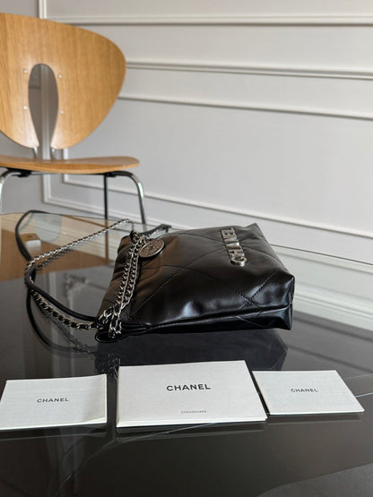 CC MINI HOBO HANDBAG 20 IN BLACK CALFSKIN SILVER-TONE HARDWARE