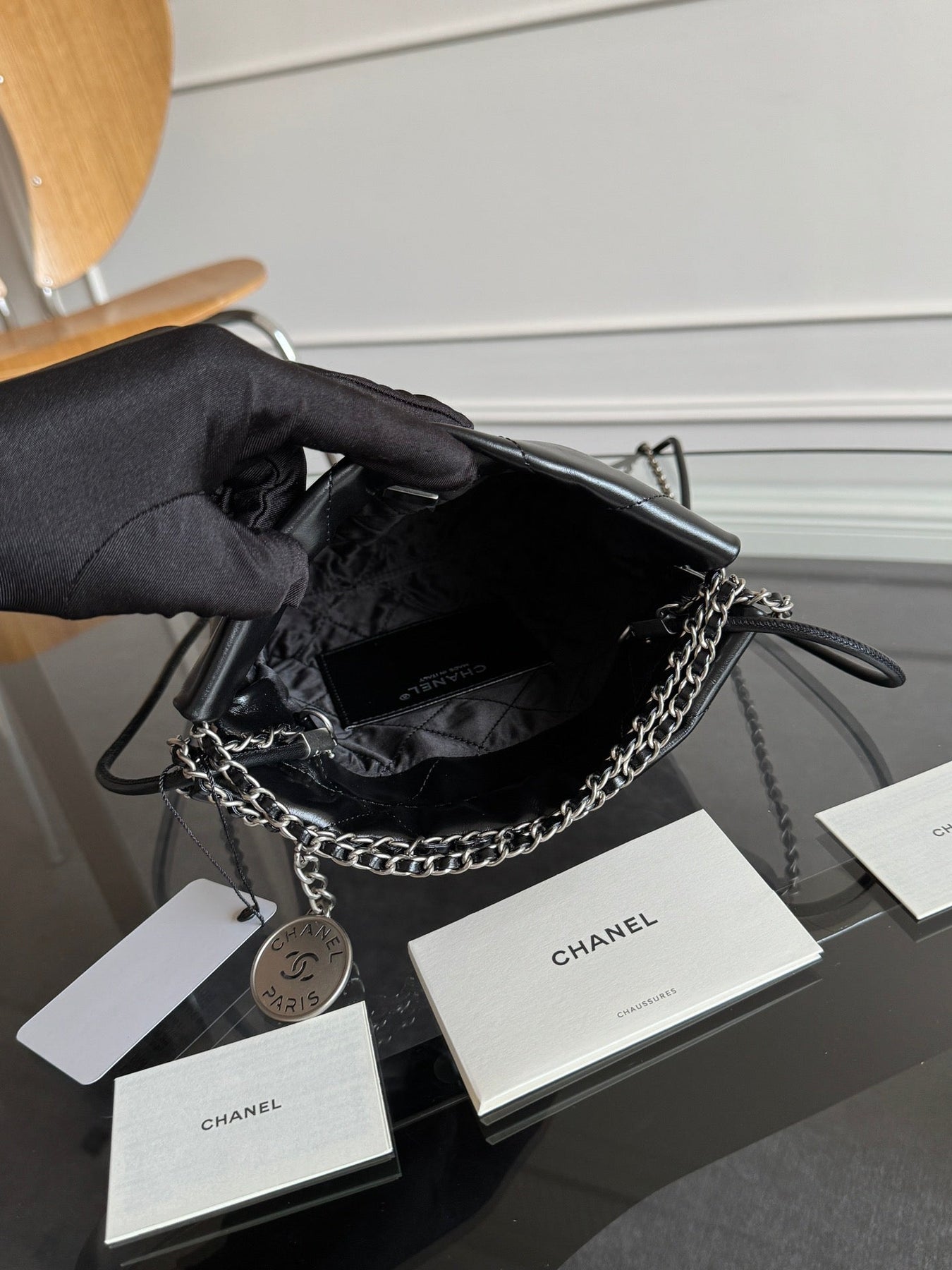 CC MINI HOBO HANDBAG 20 IN BLACK CALFSKIN SILVER-TONE HARDWARE