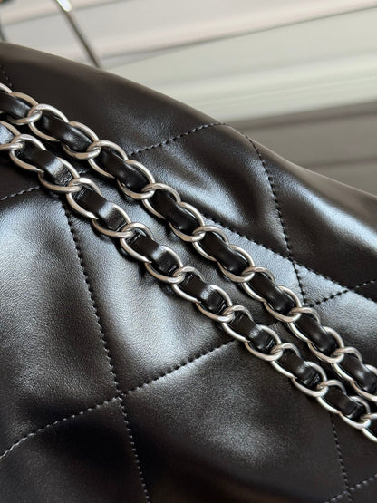 CC MINI HOBO HANDBAG 20 IN BLACK CALFSKIN SILVER-TONE HARDWARE