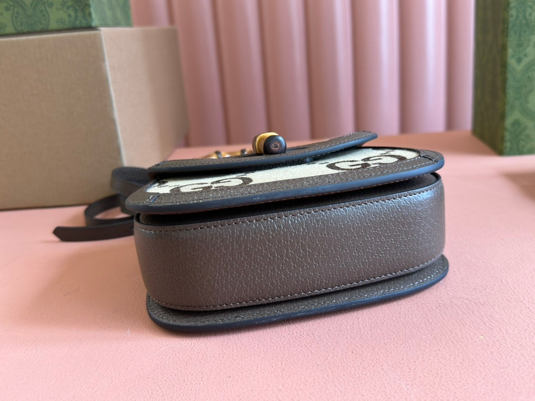 BAMBOO 1947 MINI BAG 17 IN BROWN CALFSKIN AND BEIGE CANVAS