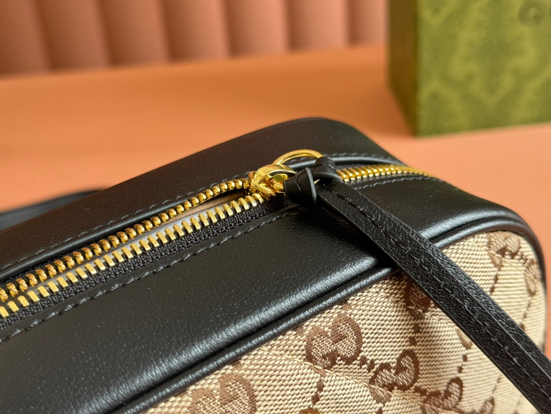 MARMONT MEDIUM SHOULDER BAG 24 IN BEIGE AND BROWN GG CANVAS BLACK CALFSKIN