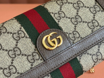 OPHIDIA WALLET ON GOLD CHAIN 19 IN BEIGE AND DARK BROWN CANVAS AND BROWN CALFSKIN