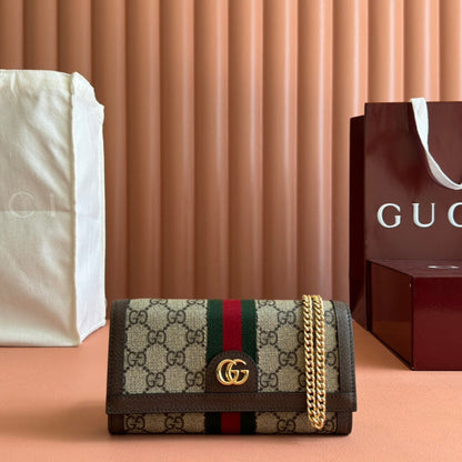 OPHIDIA WALLET ON GOLD CHAIN 19 IN BEIGE AND DARK BROWN CANVAS AND BROWN CALFSKIN