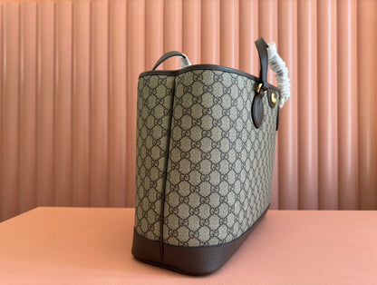 OPHIDIA MEDIUM TOTE BAG 38.5 BEIGE CANVAS AND BROWN CALFSKIN