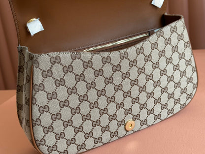 BLONDIE LARGE TOP HANDLE BAG 32 IN BEIGE AND DARK BROWN CANVAS BROWN CALFSKIN