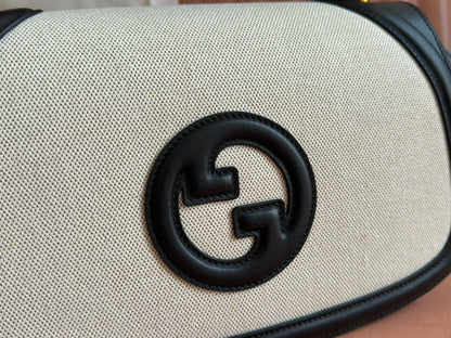 BLONDIE LARGE TOP HANDLE BAG 32 IN NATURAL COTTON LINEN CANVAS BLACK CALFSKIN