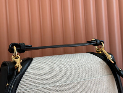 BLONDIE LARGE TOP HANDLE BAG 32 IN NATURAL COTTON LINEN CANVAS BLACK CALFSKIN