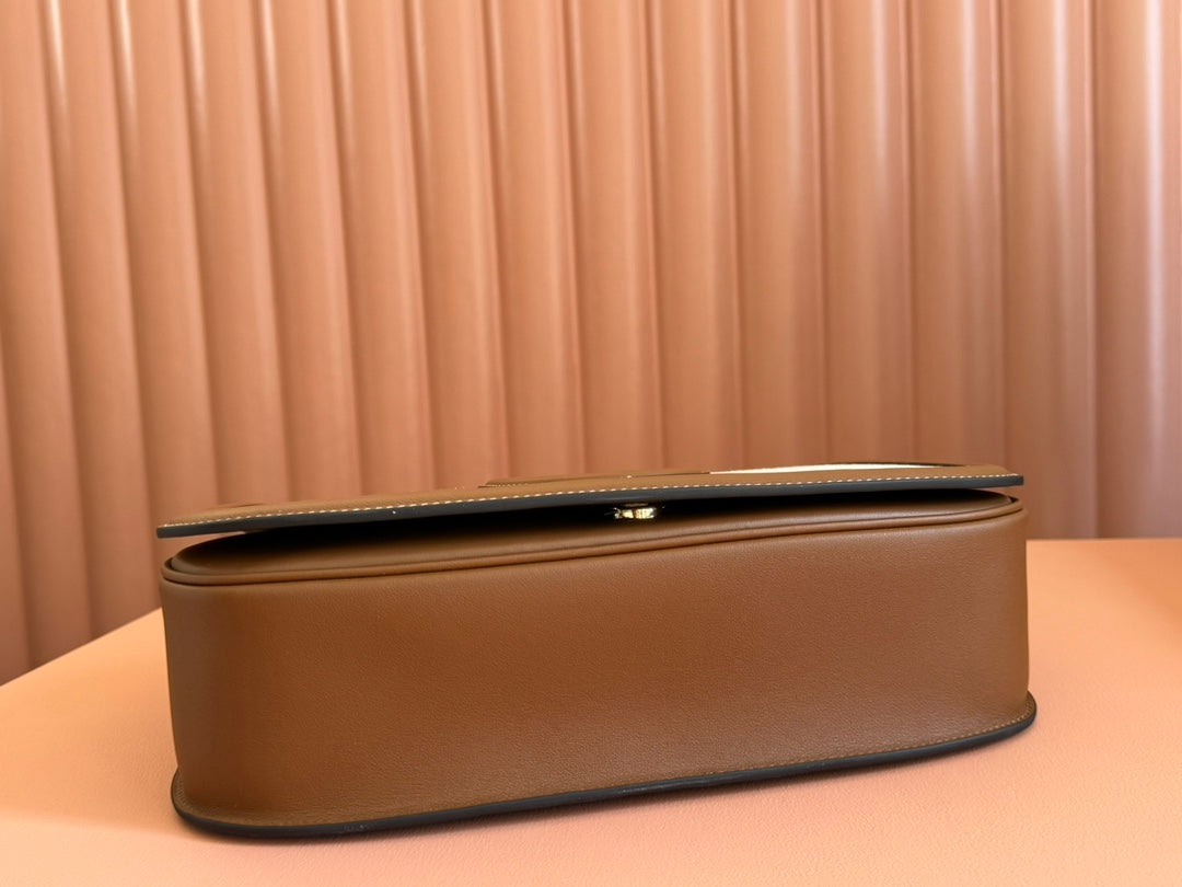 BLONDIE LARGE TOP HANDLE BAG 32 IN NATURAL COTTON LINEN CANVAS BROWN CALFSKIN