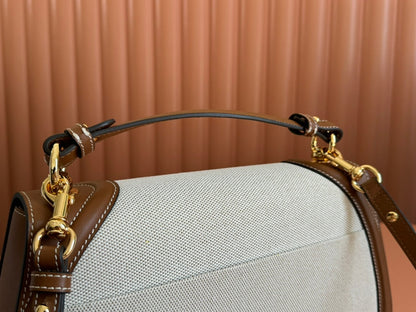 BLONDIE LARGE TOP HANDLE BAG 32 IN NATURAL COTTON LINEN CANVAS BROWN CALFSKIN