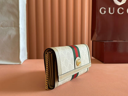 OPHIDIA WALLET ON GOLD CHAIN 19 IN LIGHT BEIGE GG CANVAS AND LIGHT BROWN CALFSKIN