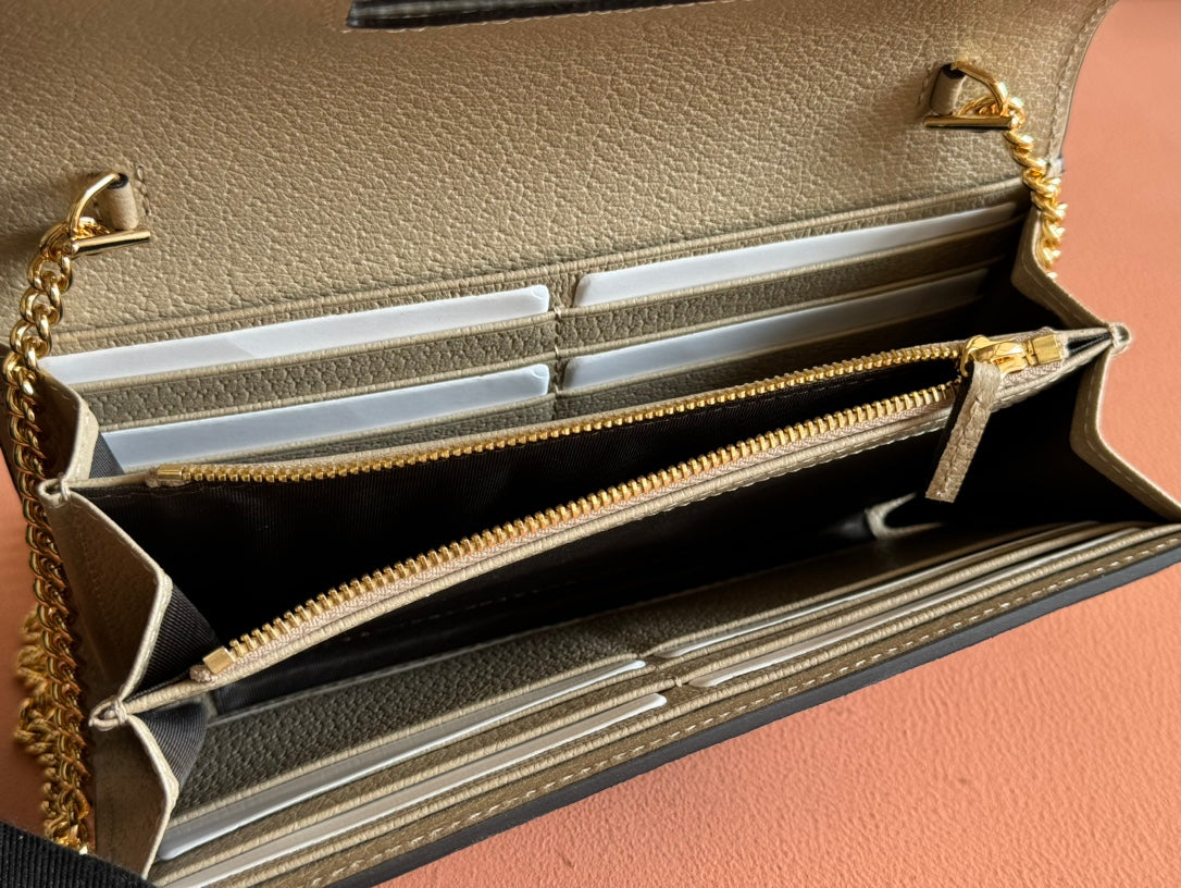OPHIDIA WALLET ON GOLD CHAIN 19 IN LIGHT BEIGE GG CANVAS AND LIGHT BROWN CALFSKIN