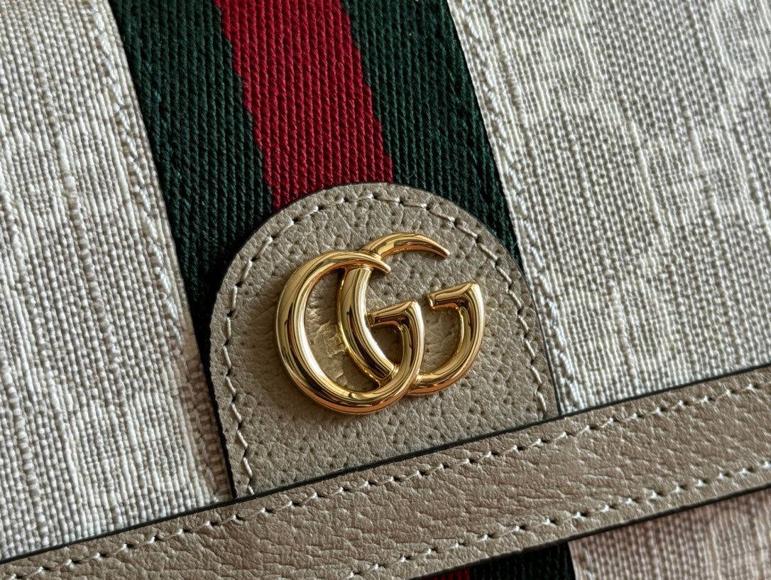 OPHIDIA WALLET ON GOLD CHAIN 19 IN LIGHT BEIGE GG CANVAS AND LIGHT BROWN CALFSKIN