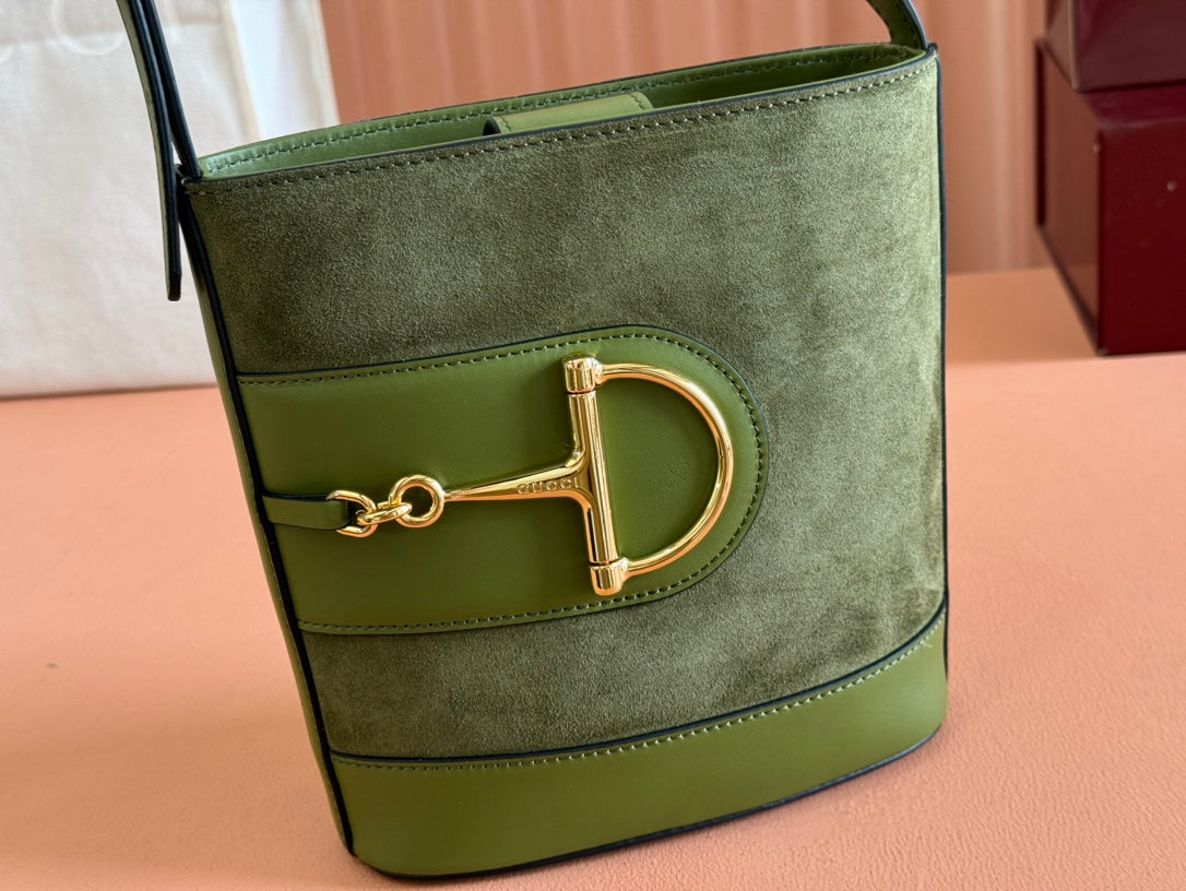 73 SMALL BUCKET BAG 20 IN GREEN SOFT SUEDE AND CALFSKIN
