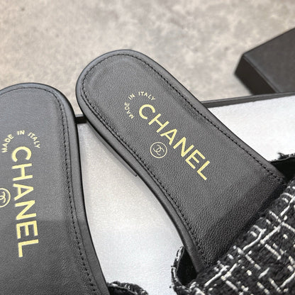 PLATFORM SLIPPERS LOGO IN BLACK TWEED AND LAMBSKIN