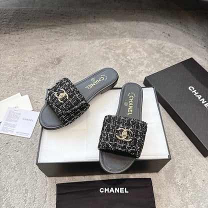 PLATFORM SLIPPERS LOGO IN BLACK TWEED AND LAMBSKIN