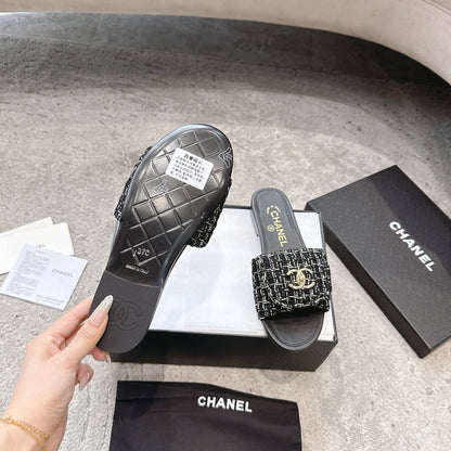 PLATFORM SLIPPERS LOGO IN BLACK TWEED AND LAMBSKIN