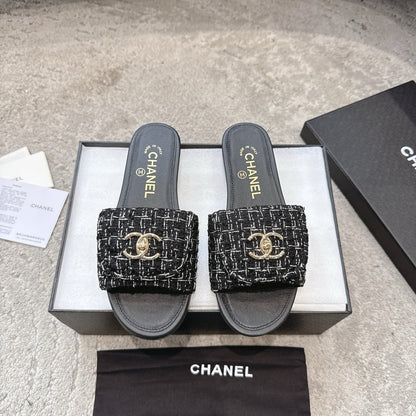 PLATFORM SLIPPERS LOGO IN BLACK TWEED AND LAMBSKIN