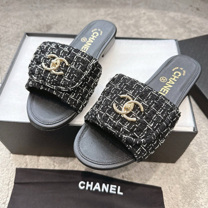 PLATFORM SLIPPERS LOGO IN BLACK TWEED AND LAMBSKIN