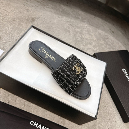 PLATFORM SLIPPERS LOGO IN BLACK TWEED AND LAMBSKIN