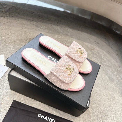 PLATFORM SLIPPERS LOGO IN WHITE MIX PINK TWEED AND LAMBSKIN