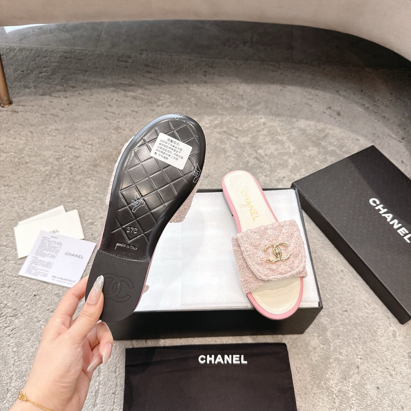 PLATFORM SLIPPERS LOGO IN WHITE MIX PINK TWEED AND LAMBSKIN