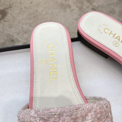 PLATFORM SLIPPERS LOGO IN WHITE MIX PINK TWEED AND LAMBSKIN