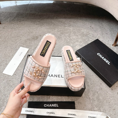 PLASTFORM HEELS IN LIGHT PINK TWEED AND CALFSKIN