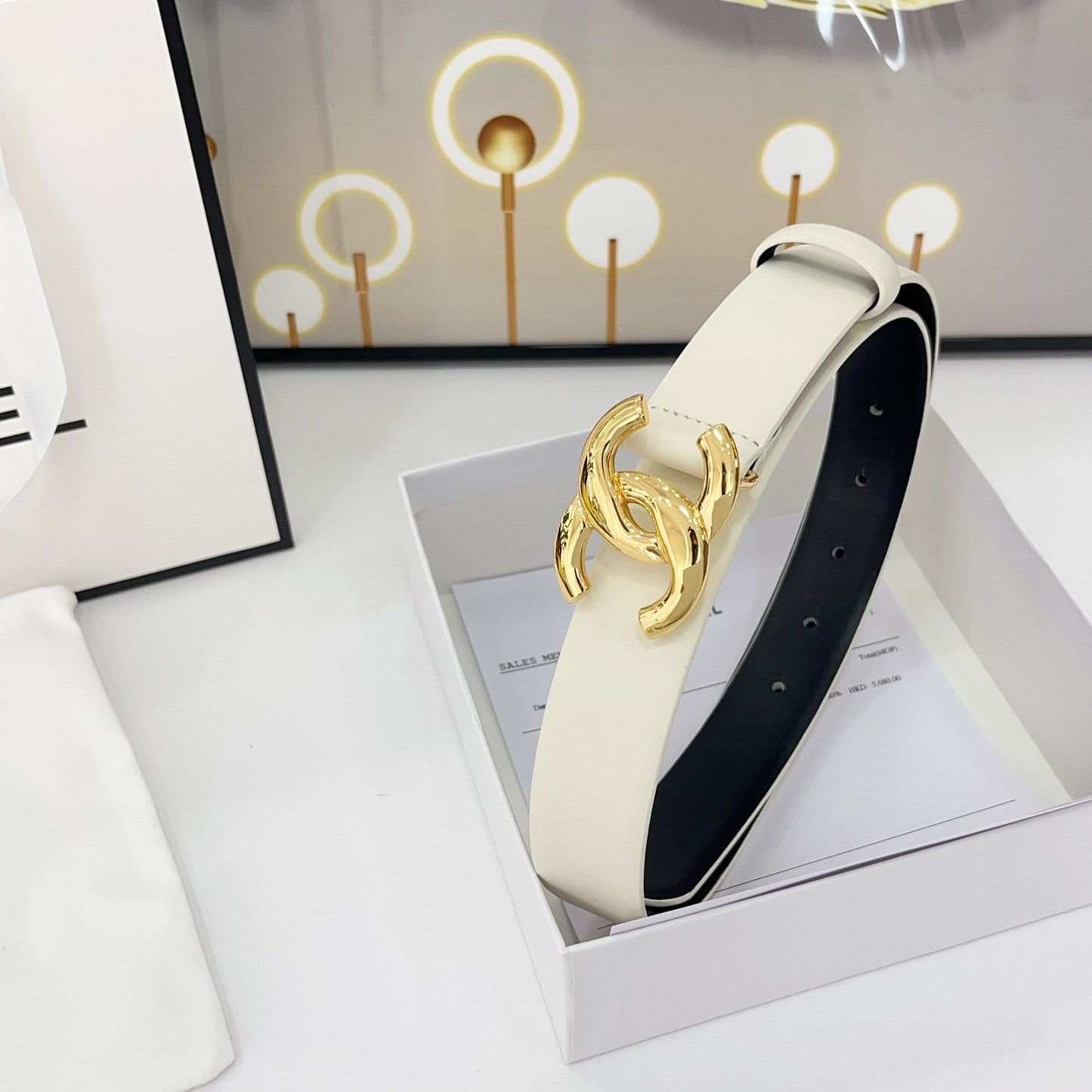 DOUBLE C BELT 30MM IN WHITE CALFSKIN WITH SHINY GOLD BUCKLE