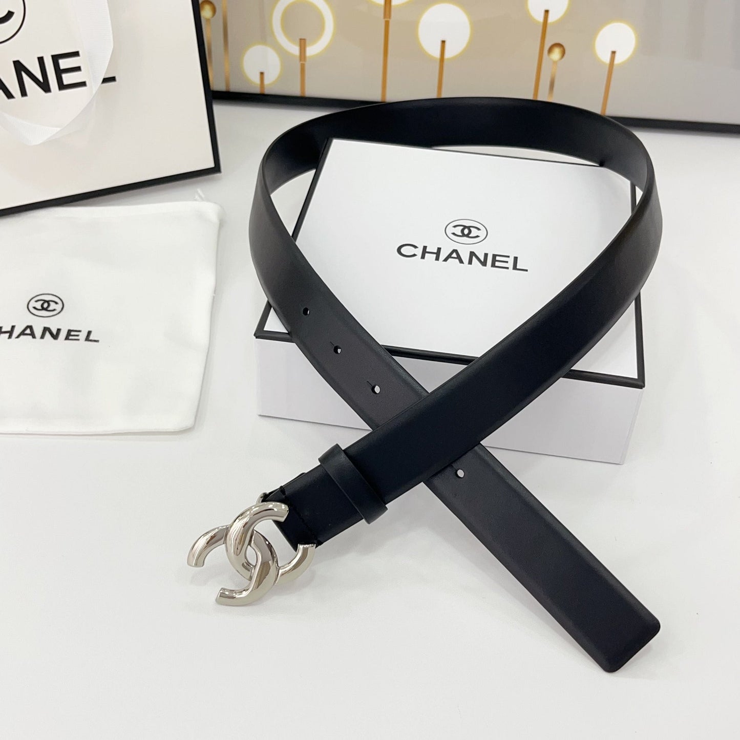 DOUBLE C BELT 30MM IN BLACK CALFSKIN WITH SHINY SILVER BUCKLE