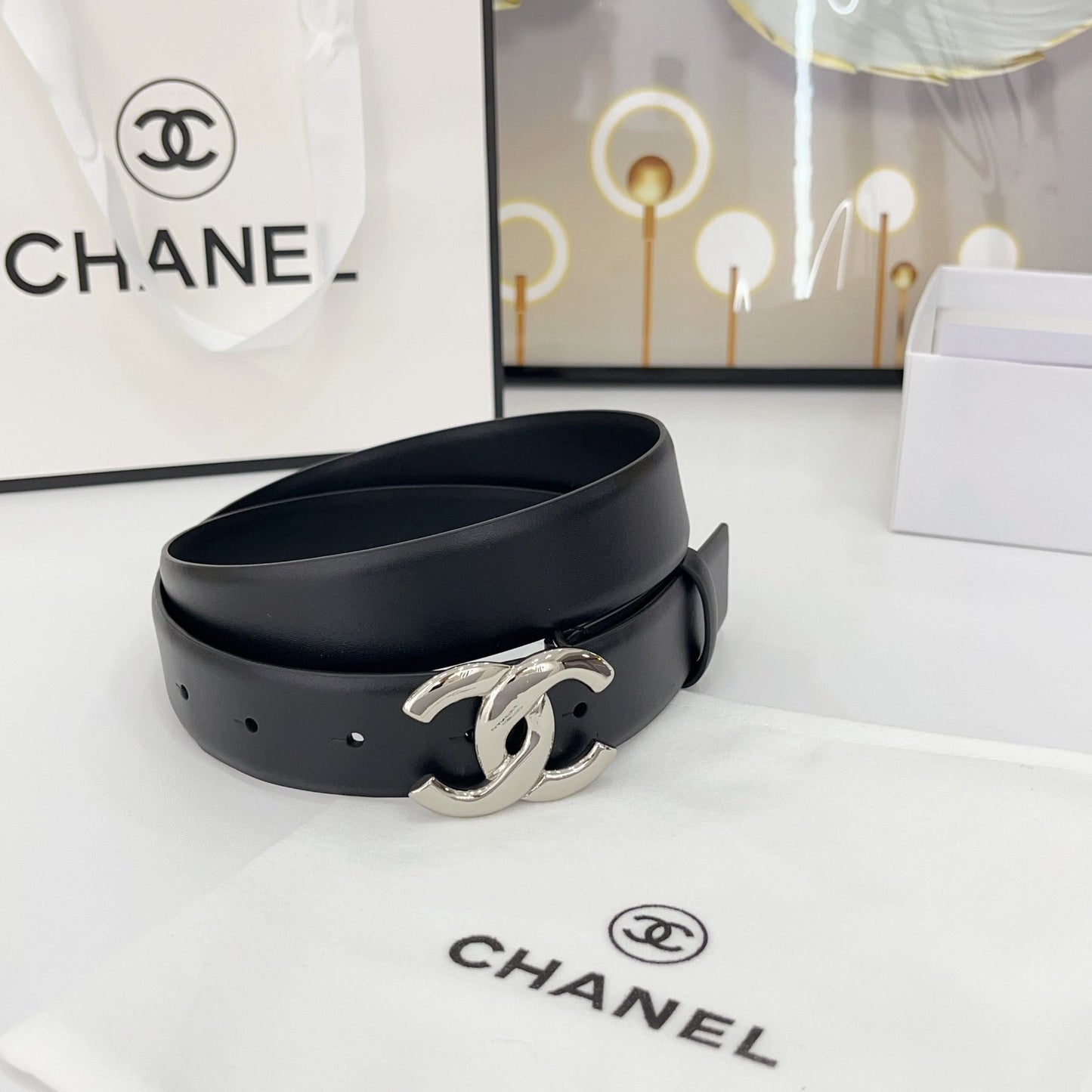 DOUBLE C BELT 30MM IN BLACK CALFSKIN WITH SHINY SILVER BUCKLE