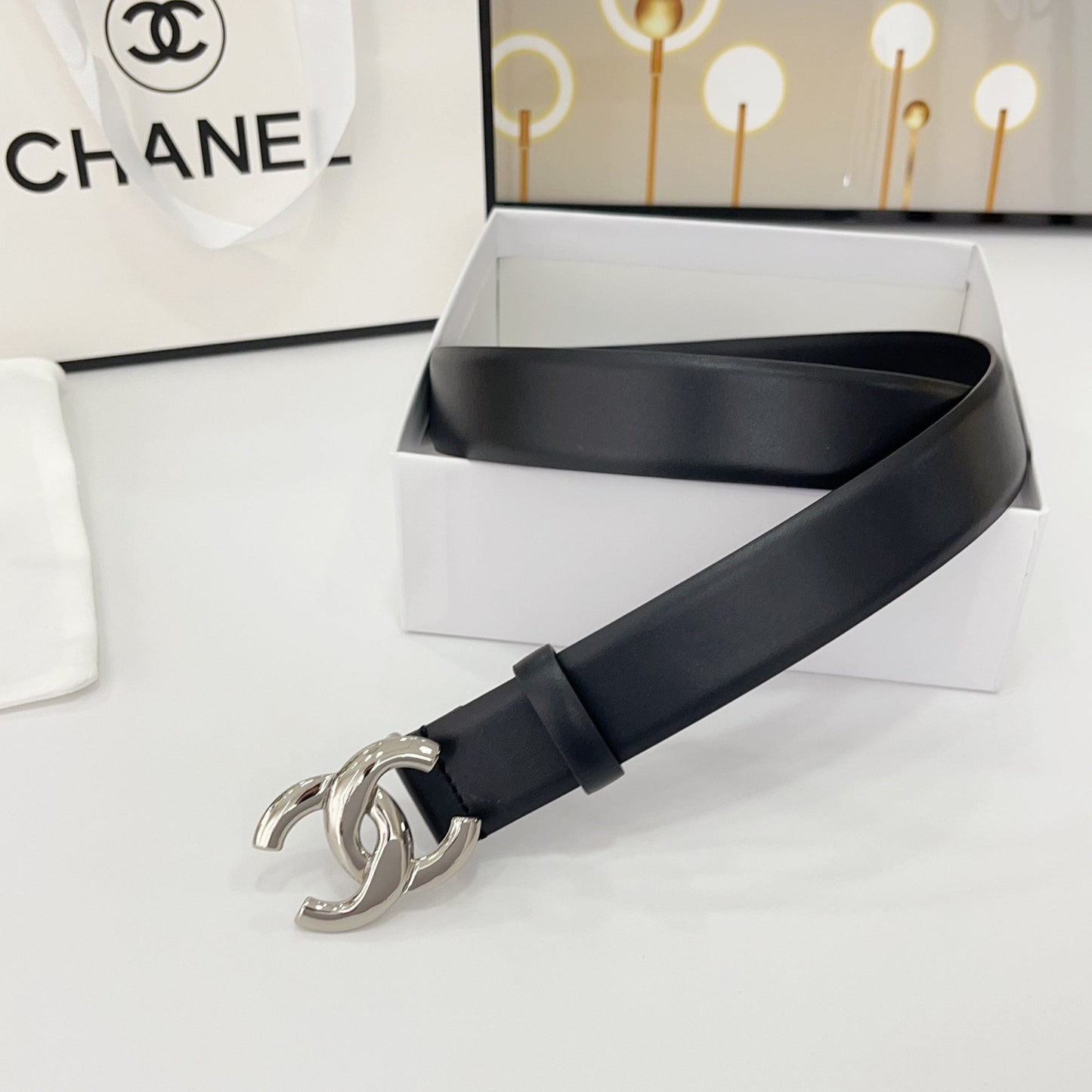 DOUBLE C BELT 30MM IN BLACK CALFSKIN WITH SHINY SILVER BUCKLE