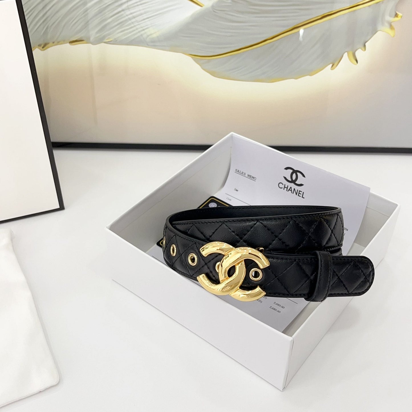 DOUBLE C BELT 30MM IN BLACK QUILTED LEATHER WITH GOLD BUCKLE