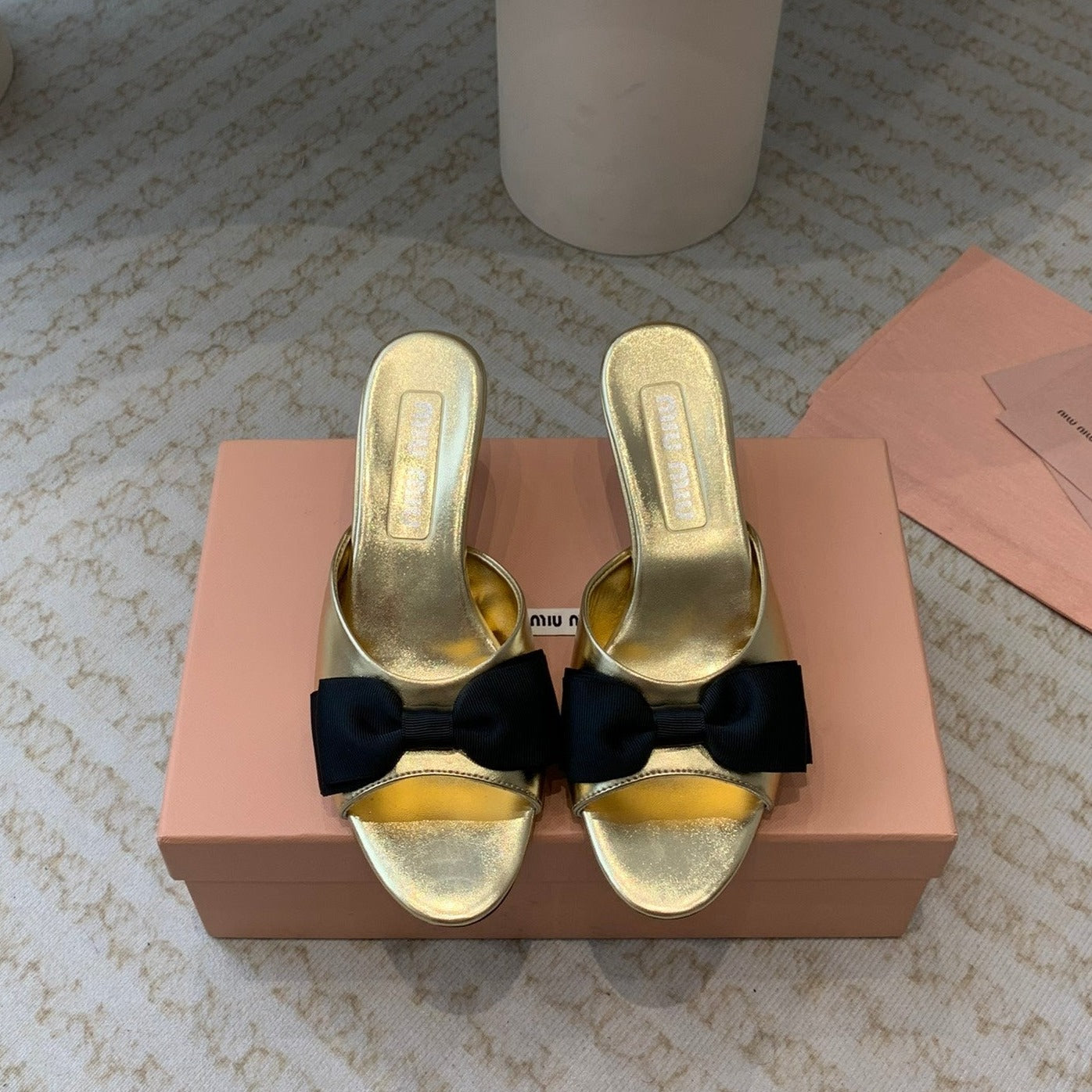 Metallic Gold Mid - Heels With Black Bow Calfskin