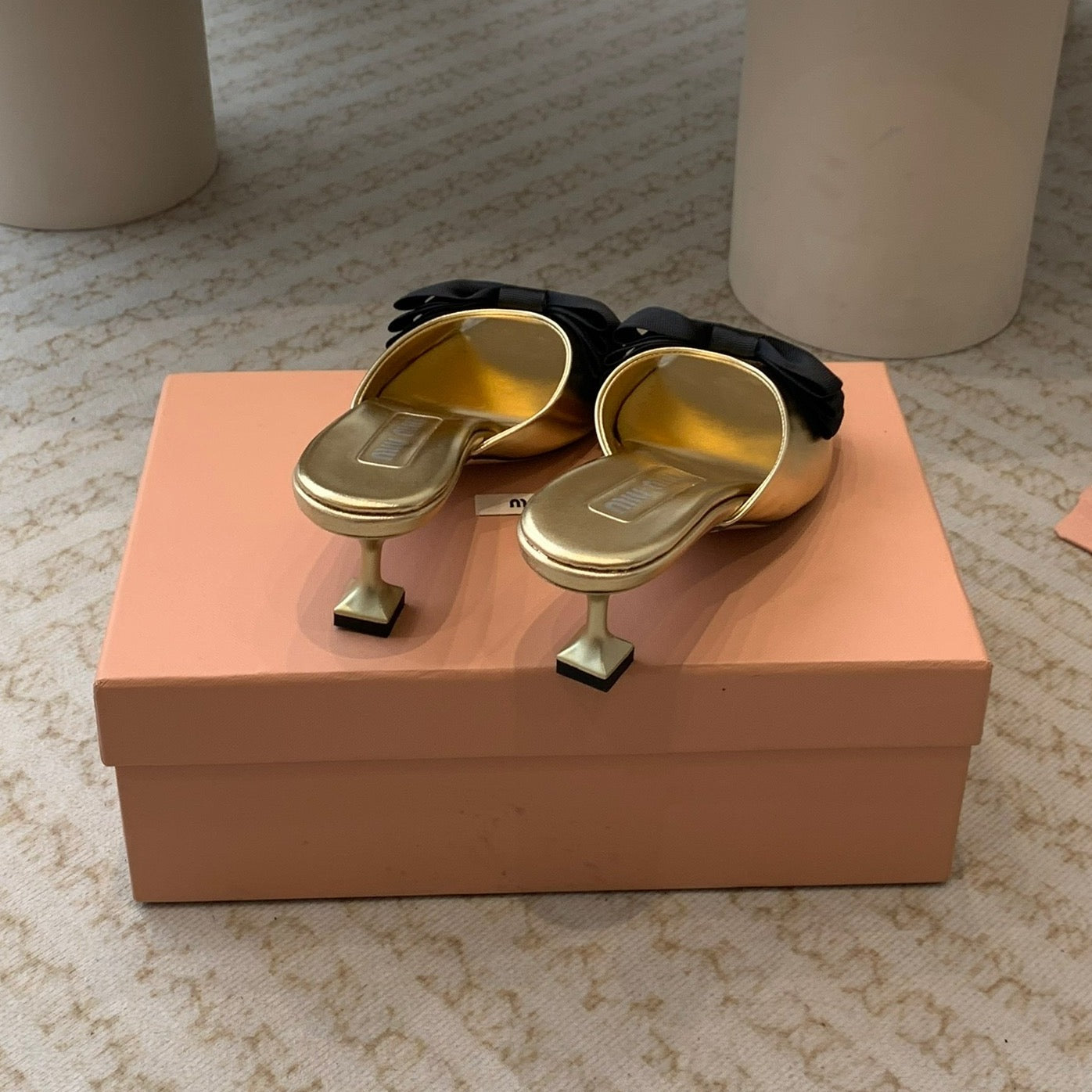 Metallic Gold Mid - Heels With Black Bow Calfskin