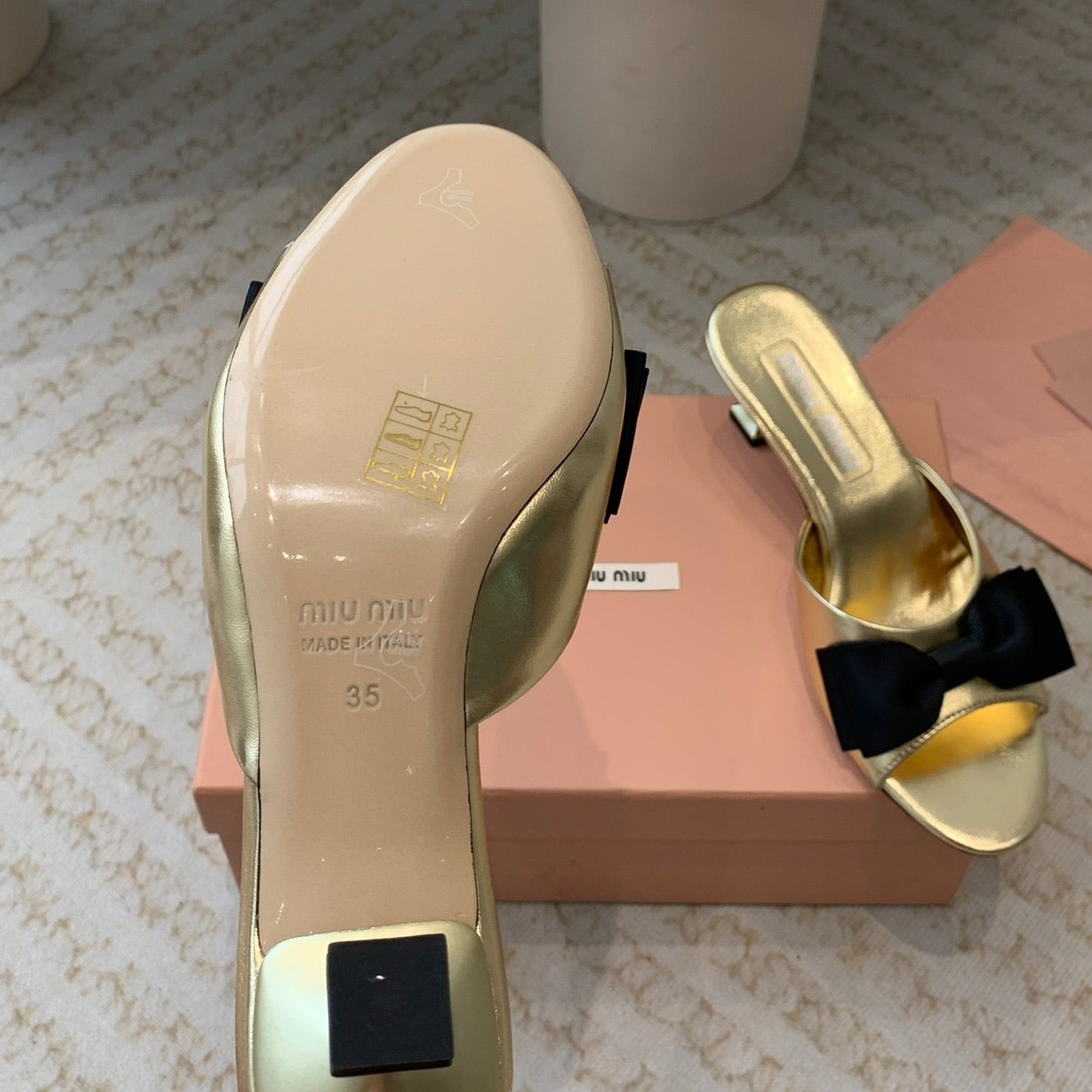 Metallic Gold Mid - Heels With Black Bow Calfskin