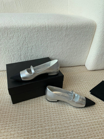 Pointed Toe Mary Jane Shoes Silver Mix Black Lambskin