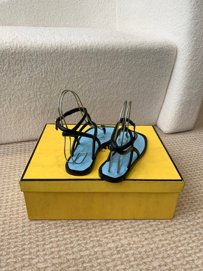 FENDI O'LOCK THONG SANDAL BLACK AND BLUE CALFSKIN WITH GOLD HARDWARE