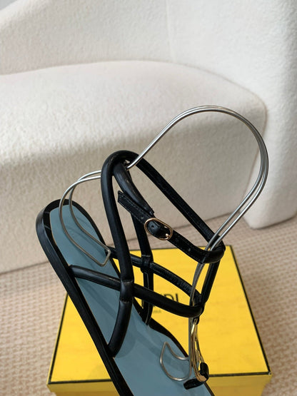 FENDI O'LOCK THONG SANDAL BLACK AND BLUE CALFSKIN WITH GOLD HARDWARE