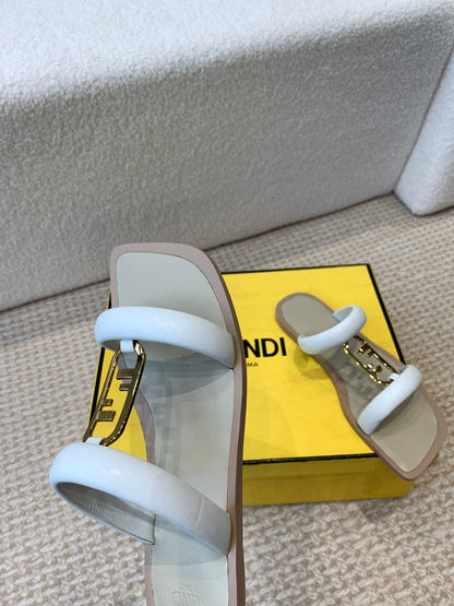 FENDI O'LOCK SLIDES WHITE CALFSKIN WITH GOLD HARDWARE