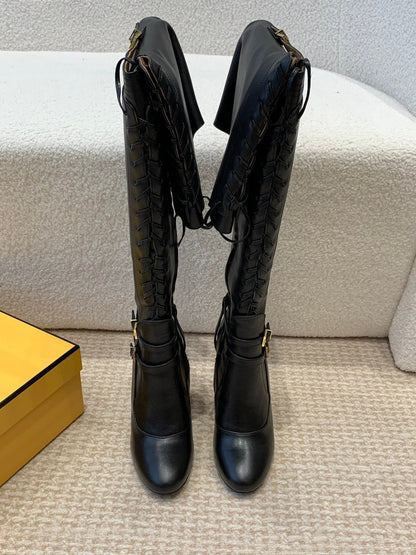 OVER THE KNEE LACE-UP HIGH BOOTS IN BLACK CALFSKIN