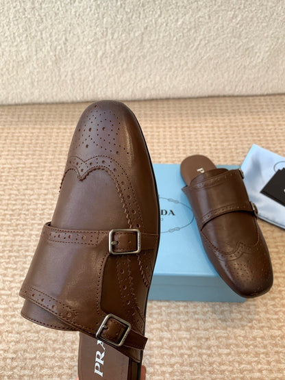 DOUBLE MONK MULES IN DARK BROWN CALFSKIN